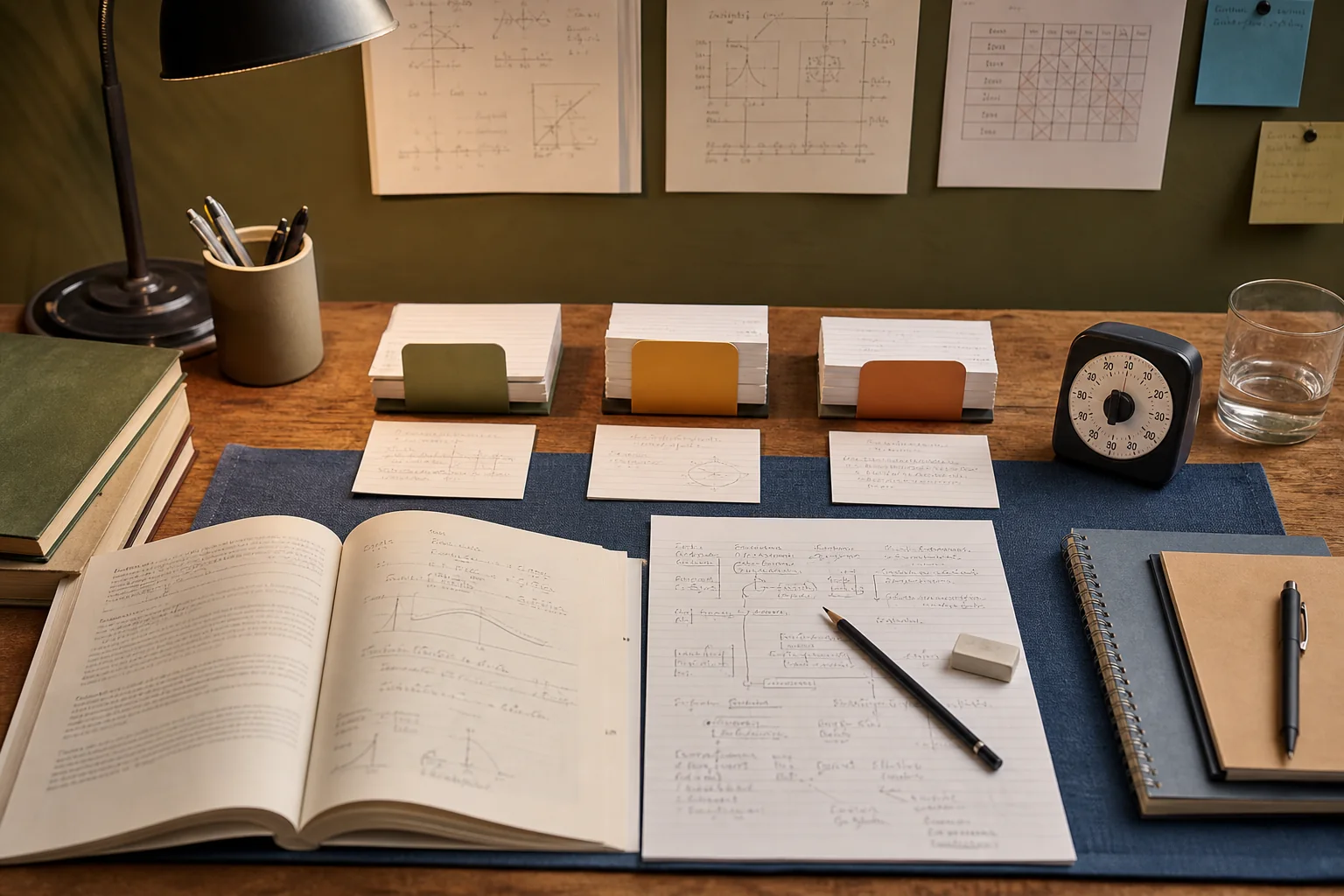 Illustrative structured study table with books, worksheets, and review notes